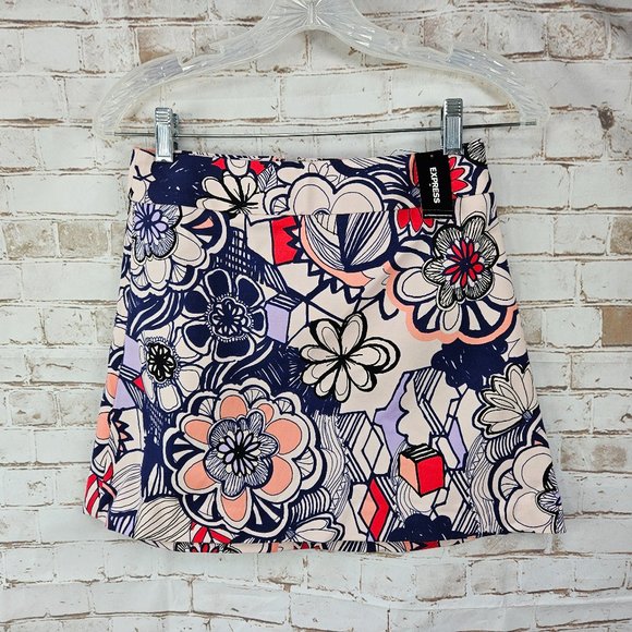 Express Dresses & Skirts - NWT Express Size 0 Pink Blue Retro Floral Print A-Line Mini Skirt Stretch $46.95